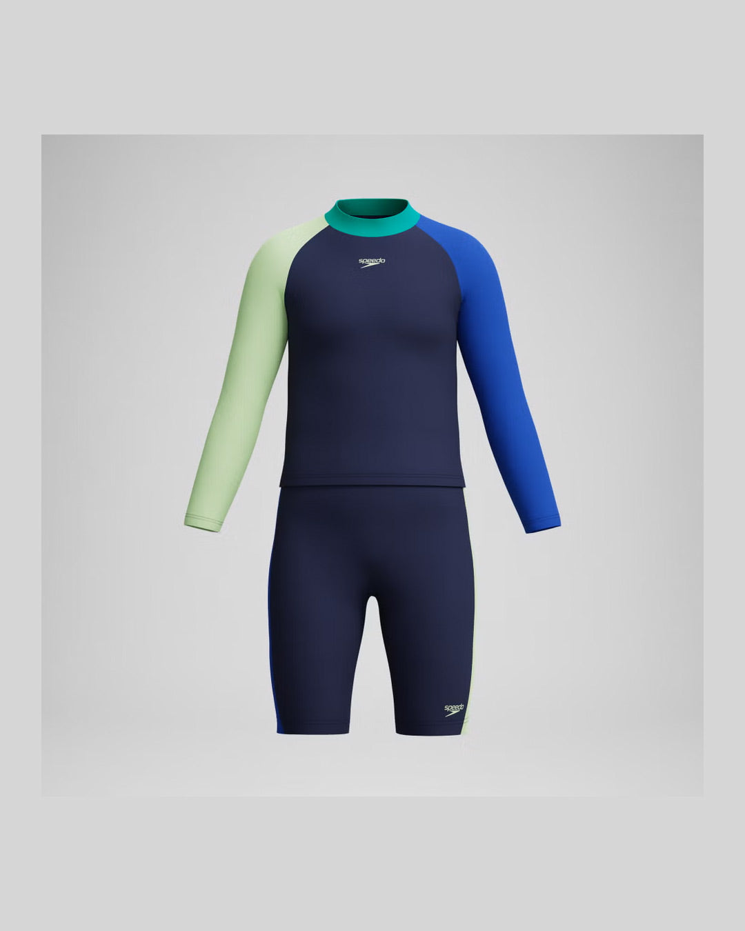 Speedo Junior's (M) Long Sleeve Colorblock Rash Guard&Jammer Set - Navy/Lt Green