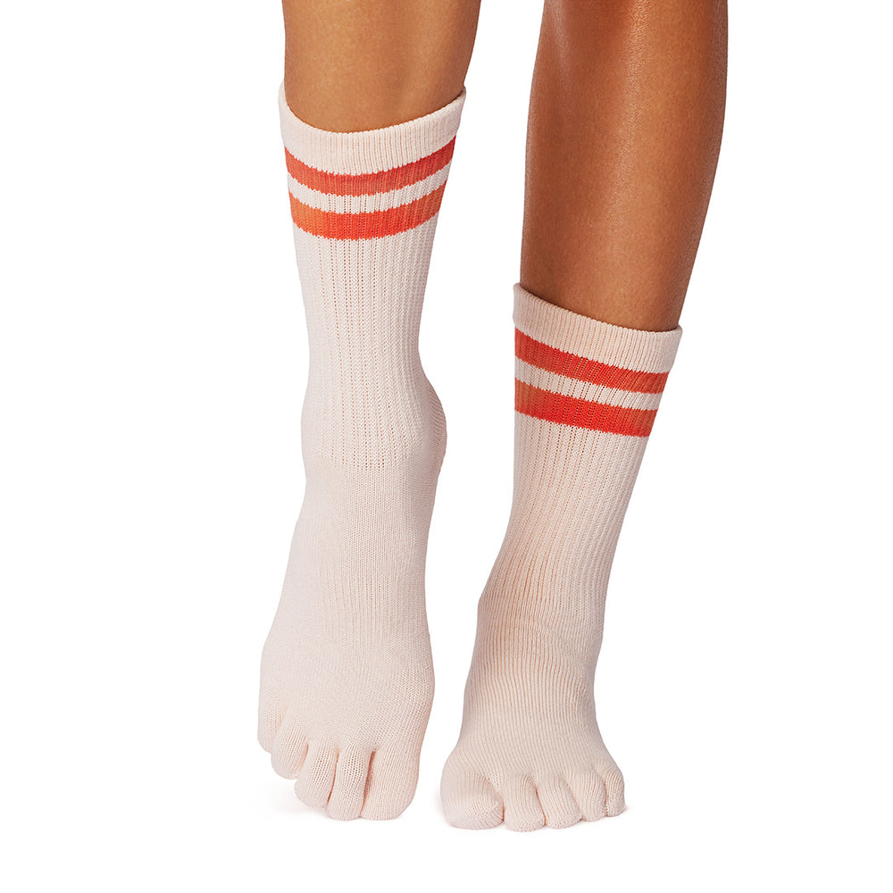 TOESOX Grip Full Toe Crew - Hot Coral Stripe