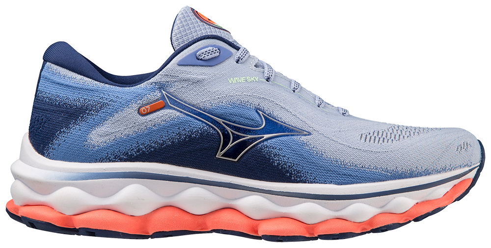Mizuno Women's Wave Sky 7 - Blue Henon/Silver/Neon Flame