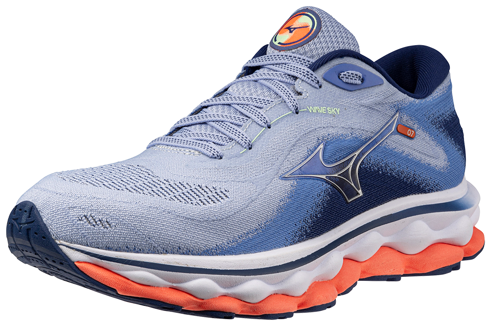 Mizuno Women's Wave Sky 7 - Blue Henon/Silver/Neon Flame
