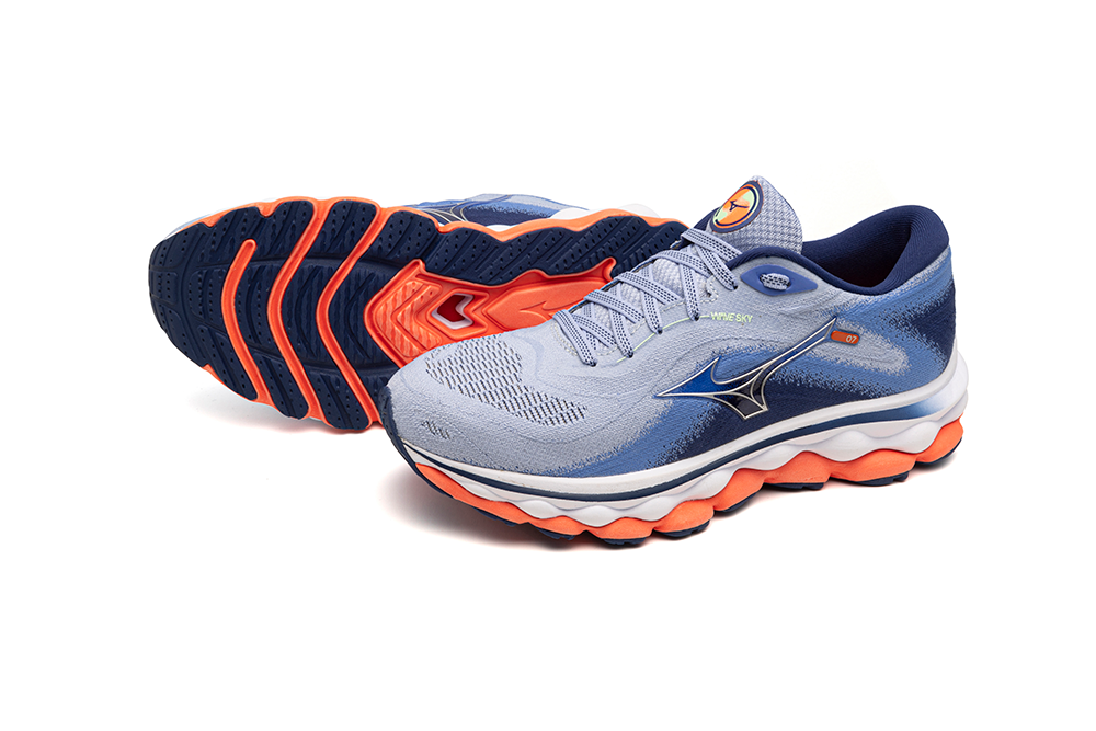 Mizuno Women's Wave Sky 7 - Blue Henon/Silver/Neon Flame
