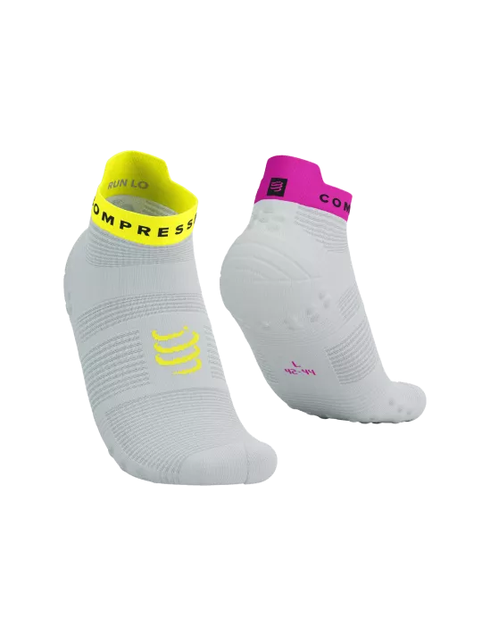 Compressport Unisex's Pro Racing Socks v4.0 Run Low - White/Safe Yellow/Neo Pink